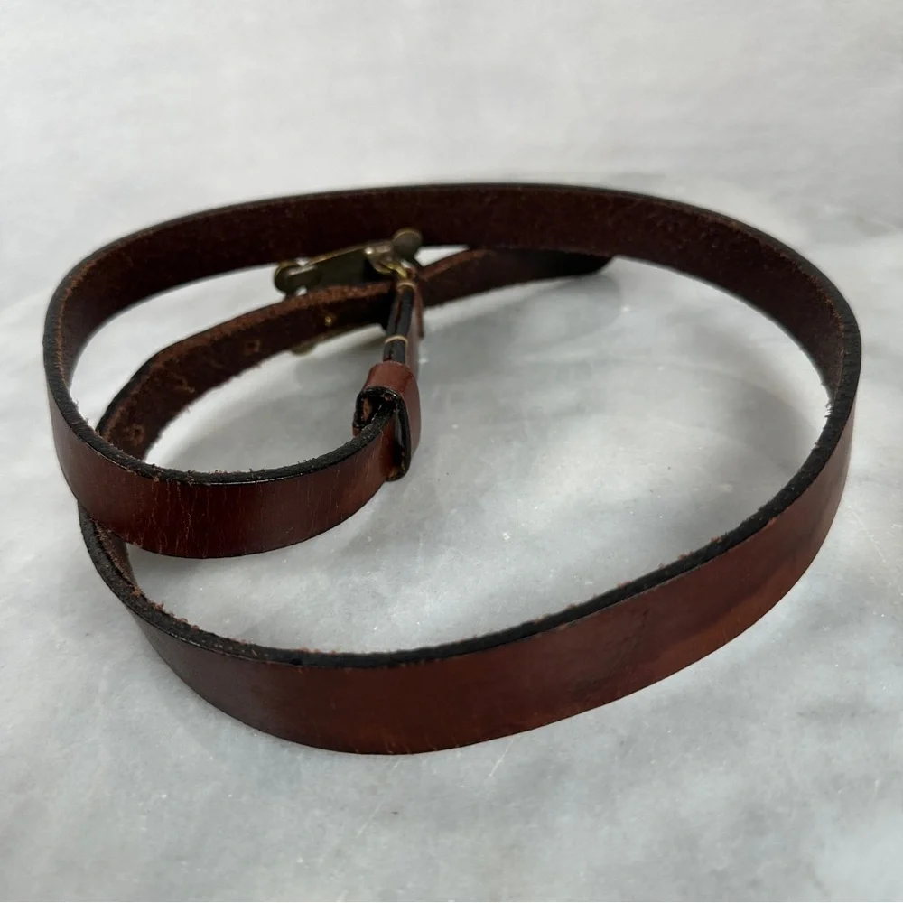 Vintage Chico’s large‎ Brown Leather Belt Brass Buckle thin boho bohemian